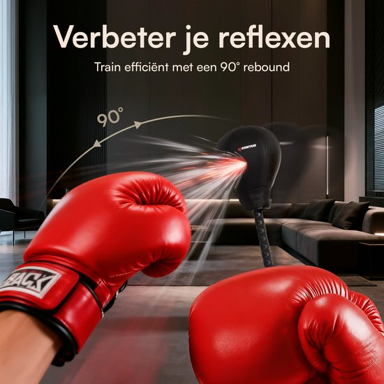 Twee rode bokshandschoenen en een zwarte bokspaal met rode lichtstraal die de 90° rebound aangeeft.