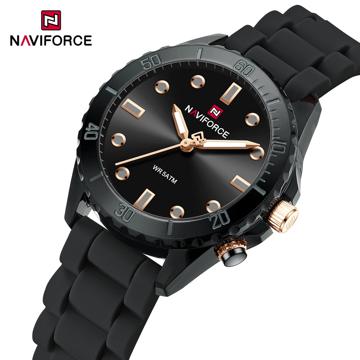 NAVIFORCE horloge met zwarte gefumeerde siliconen polsband, zwarte wijzerplaat en zwarte horlogekast voor dames met stijl ( model 7115 BB )