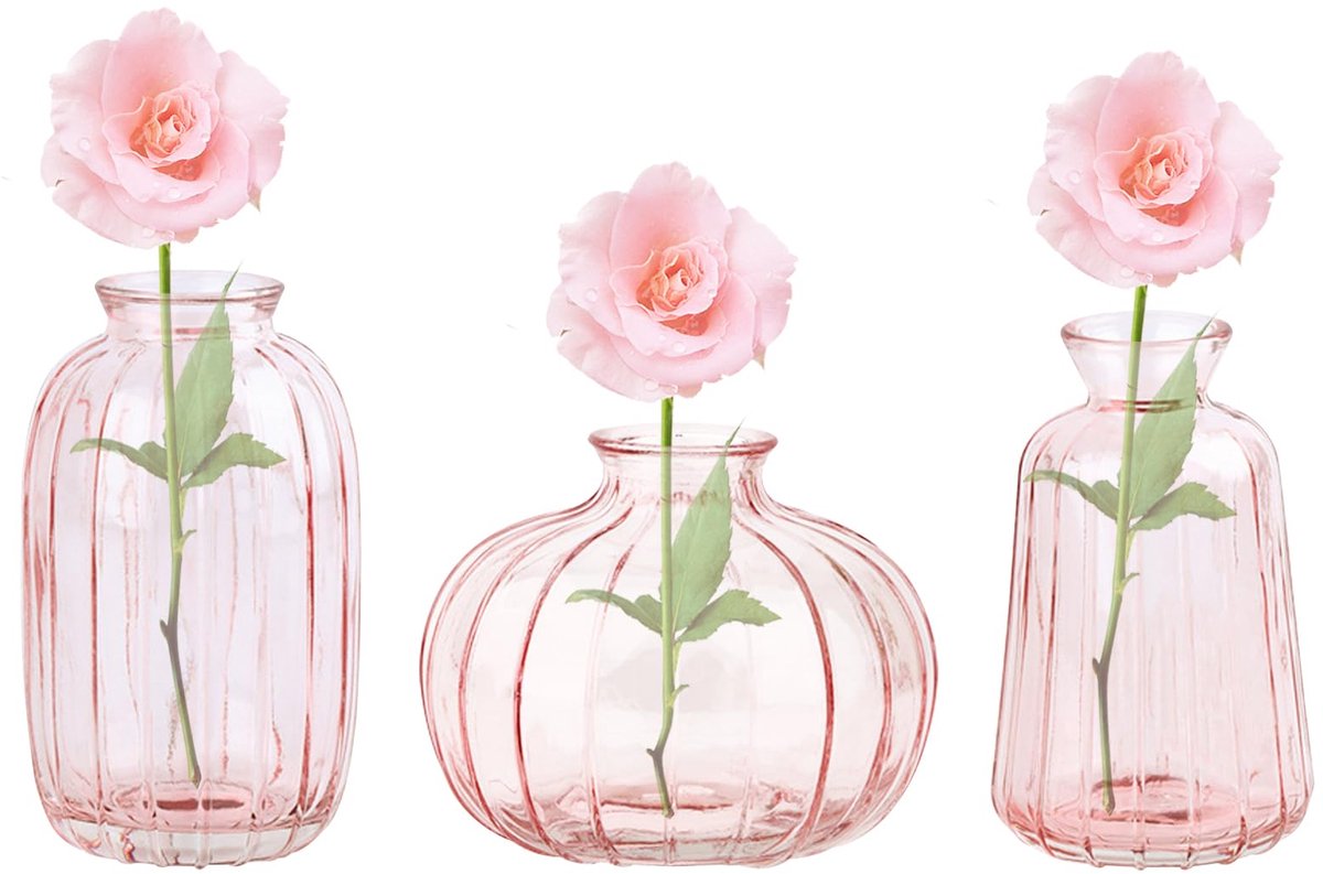 Unyqoos Set van drie stijlvolle glazen vazen voor diverse tafeldecoraties roze