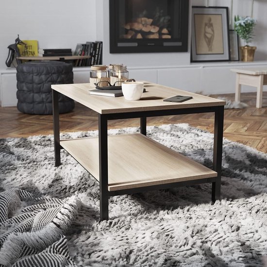 Driftwood Bruine Industriële Salontafel met 2 Lagen – Rechthoekige Houten Koffietafel met Metaal Frame – Stijlvolle Tafels voor Woonkamer of Kantoor – 80 x 50 x 42 cm