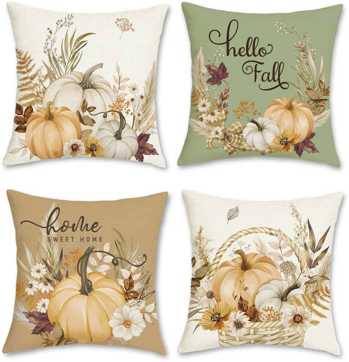 Unyqoos Set van 4 decoratieve herfstkussenhoezen met pompoenontwerp voor huis en tuin groen