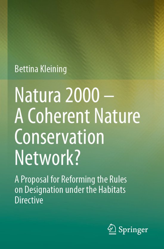 Boekomslag: 'Natura 2000 – A Coherent Nature Conservation Network?' door Bettina Kleining. Groene en witte tekst op een aquarelachtige achtergrond.