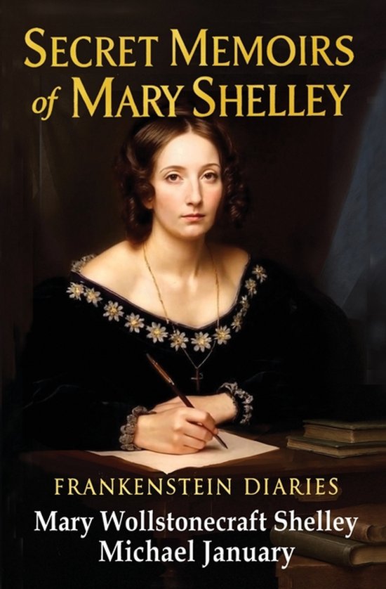Boekomslag van 'Secret Memoirs of Mary Shelley' met een portret van een vrouw die aan een bureau schrijft. Titel in goudkleurige letters.