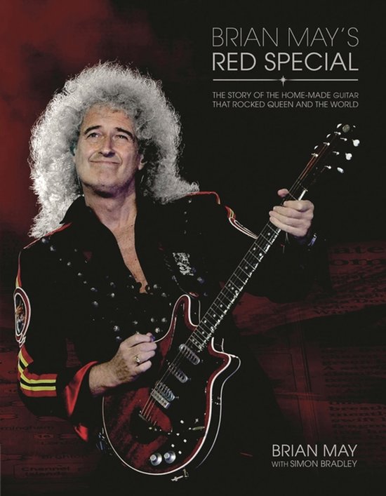 Brian May avec sa guitare rouge Red Special, sur la couverture du livre 'Brian May's Red Special'.