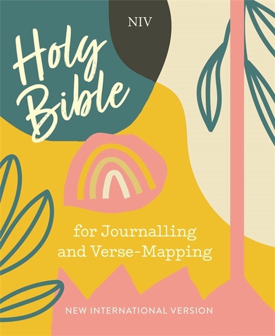 NIV Holy Bible voor Journaling en Verse-Mapping in abstracte kleurenschema's van geel, blauwgroen, roze en off-white met een regenboog en bladeren.