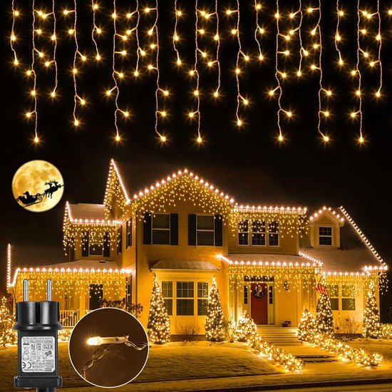 Foto: Mupoo warm wit ijspegel verlichting buiten 5 meter 200 led 10 meter 400 led met 8 standen timer kerstverlichting voor dakrand feestdagen kerstmis bruiloft decoraties