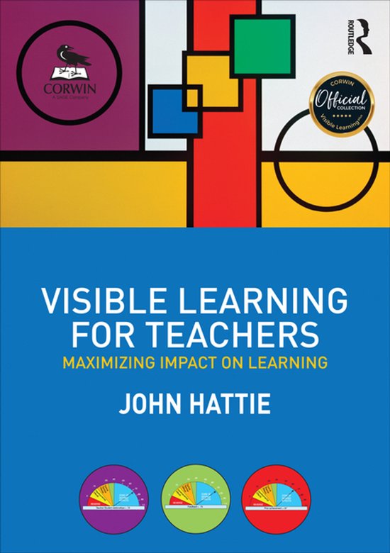 Boekomslag met de titel "VISIBLE LEARNING FOR TEACHERS MAXIMIZING IMPACT ON LEARNING" door JOHN HATTIE. Geometrisch design met blokken in geel, rood, paars, blauw en groen. Logo's van Corwin en Routledge.