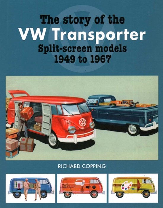 Boek "The story of the VW Transporter", met een rode VW Transporter met open deuren en een blauwe pick-up.