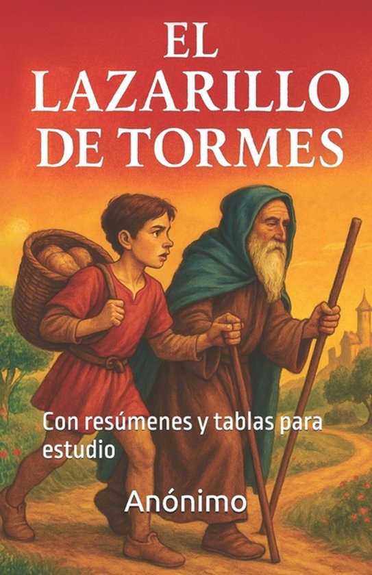 Couverture de livre avec le texte 'EL LAZARILLO DE TORMES' et une image d'un garçon avec un panier de pain à côté d'un vieil homme avec une canne.