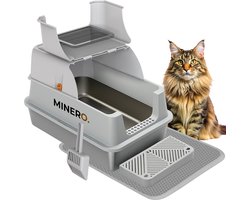 Kattenbak RVS – Grote Kattenbak 65L – Incl. Kattenbakschep, Grit Opvanger & Uitloopmat – Hygiënisch & Geurvrij – Geschikt voor Grote Katten – Minero – Grijs