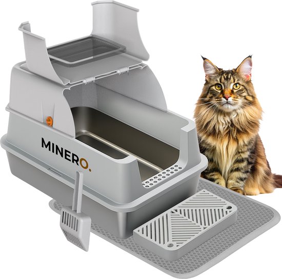 Bac à litière pour chat Minero Premium en acier inoxydable – Avec pelle à litière, bac à gravier et tapis de sortie – Hygiénique – Pour petits et grands Chats – 65 L – Grijs