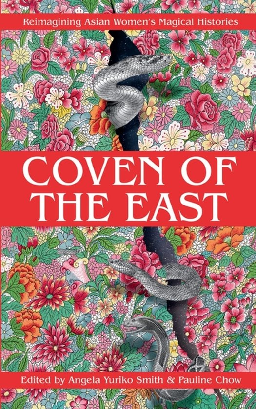 Boek 'Coven of the East', met op de omslag een illustratie van twee slangen tegen een achtergrond van kleurrijke bloemen en de titel.