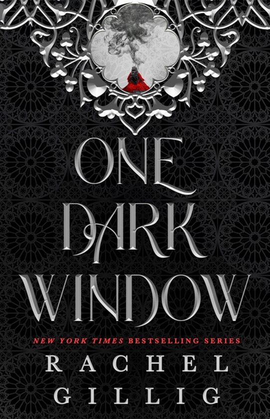 Boekomslag van "One Dark Window" van Rachel Gillig, met een zwarte, geometrische achtergrond en sierlijke ornamenten.