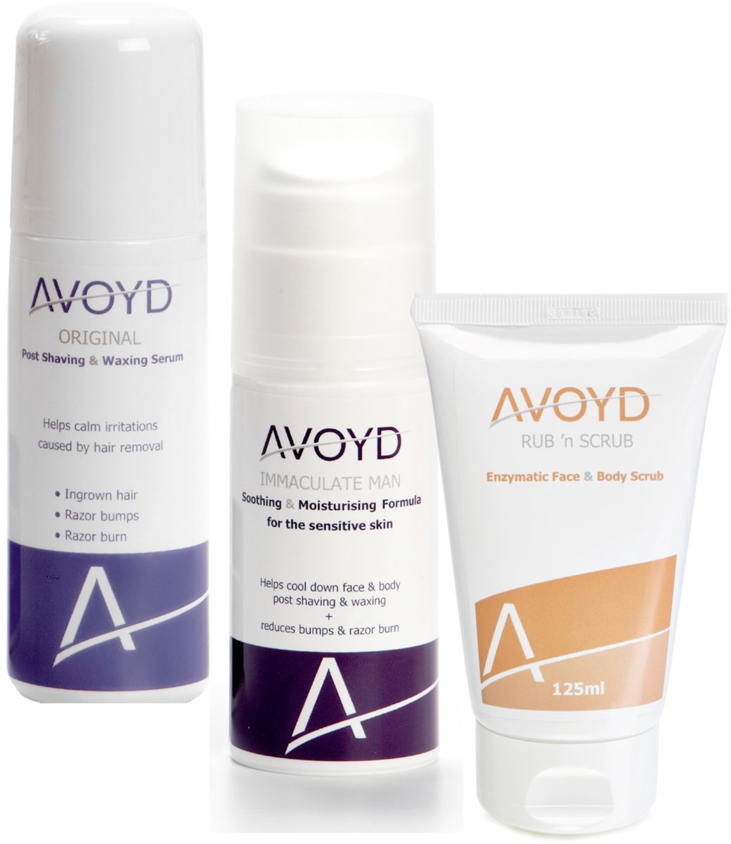Avoyd ComfortPluspakket man - Set van 3 producten - Avoyd Original 90ml + Avoyd Immaculate Man 50ml + Avoyd Rub 'n Scrub 125ml - Voorkomt ingegroeide haartjes, scheerirritatie & rode scheerbultjes