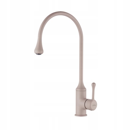 Beige keukenkraan met hoge draaibare uitloop en hendel.