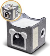 Relaxdays opvouwbare kattenpoef, zithocker met kattenholletje, HxBxD: 38,5x64,5x37,5 cm, katten en kleine honden, grijs
