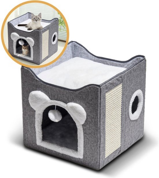 Grijs kattenhuis met witte berenoren, ingang en krabpaal. Witte pluche kussen binnenin.