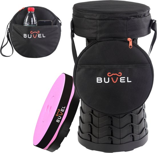 Buvel® Opvouwbare kruk - Kruk - Krukje - Campingstoel - Inklapbaar - Telescopisch - Visstoel - Voetensteun - Roze - Rond met kussen