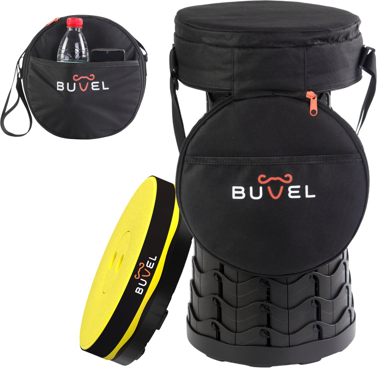 Buvel® Opvouwbare kruk - Kruk - Krukje - Campingstoel - Inklapbaar - Telescopisch - Visstoel - Voetensteun - Geel - Rond met kussen
