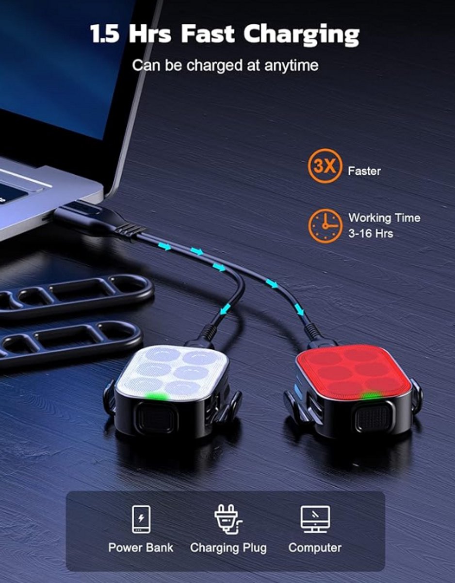Rieba® Fietsverlichting LED USB Oplaadbaar - Verlichting Fietslamp Set - Fiets Voorlicht Achterlicht - Fietslampjes - Achterlamp 6 Lichtstanden - Koplamp 4 Lichtstanden - IPX6 Waterdicht - Valbestendig - 2-Delig - Inclusief Oplaadkabels - Rood & Wit thumbnail 2