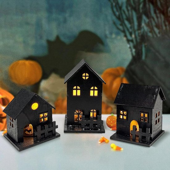 Decoratie voor Halloween en feestjes - Zwarte LED huis miniatuur voor gezellige sfeer - Kerstdorp huisje als herfstdecoratie - Kinderkamer lamp en lantaarn - Mini houten theelichthouders.