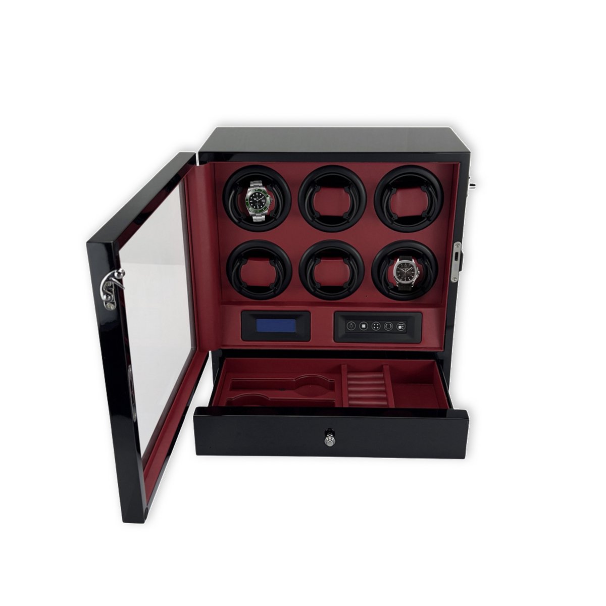 Leader Luxe Watchwinder voor 6 horloges - inclusief accessoirelade - Horloge opwinder - horloge box - Carbon