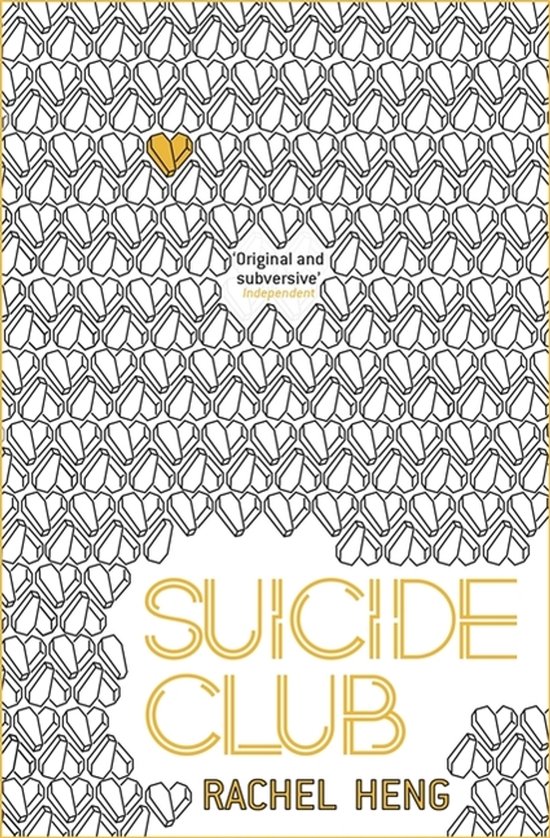 Boek 'SUICIDE CLUB' van RACHEL HENG. Cover met een patroon van hartjes en de tekst 'Original and subversive'.