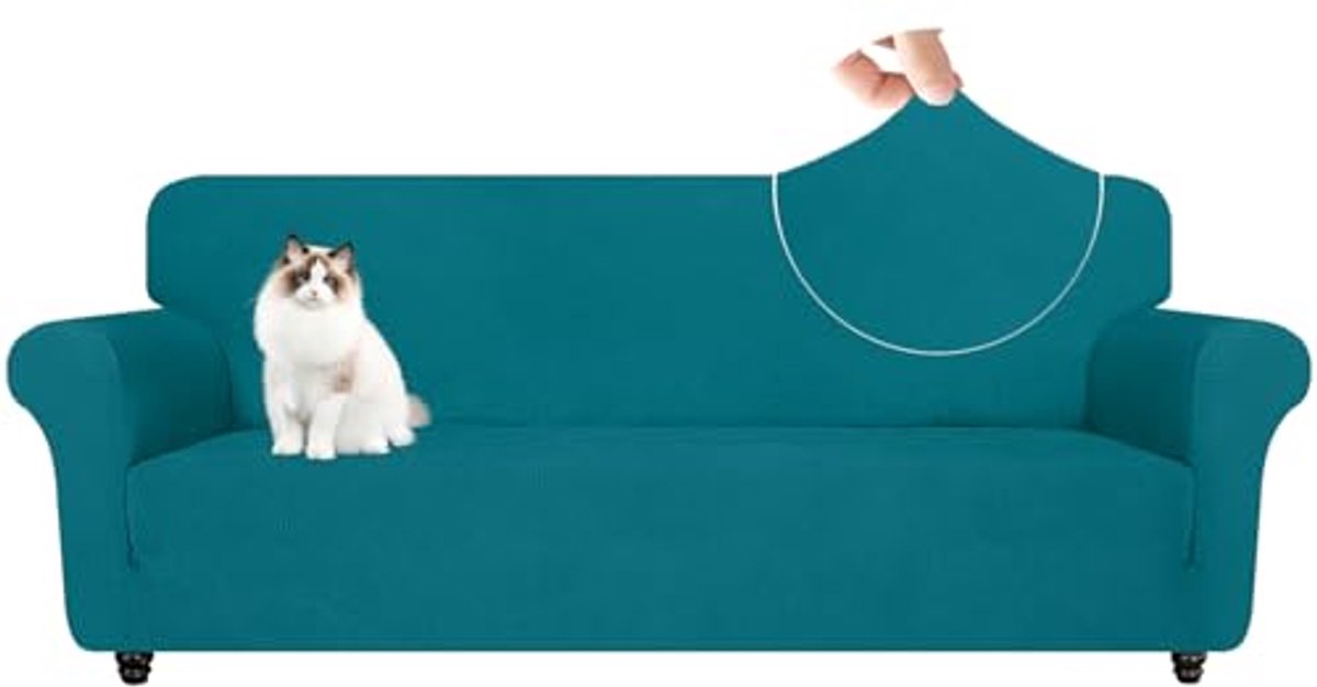 Elastische Bankhoes voor 4-Zits met Armleuningen – Krasbestendige Meubelhoes voor de Woonkamer – Anti-Slip Schuim – Geschikt voor Katten – Turkoois