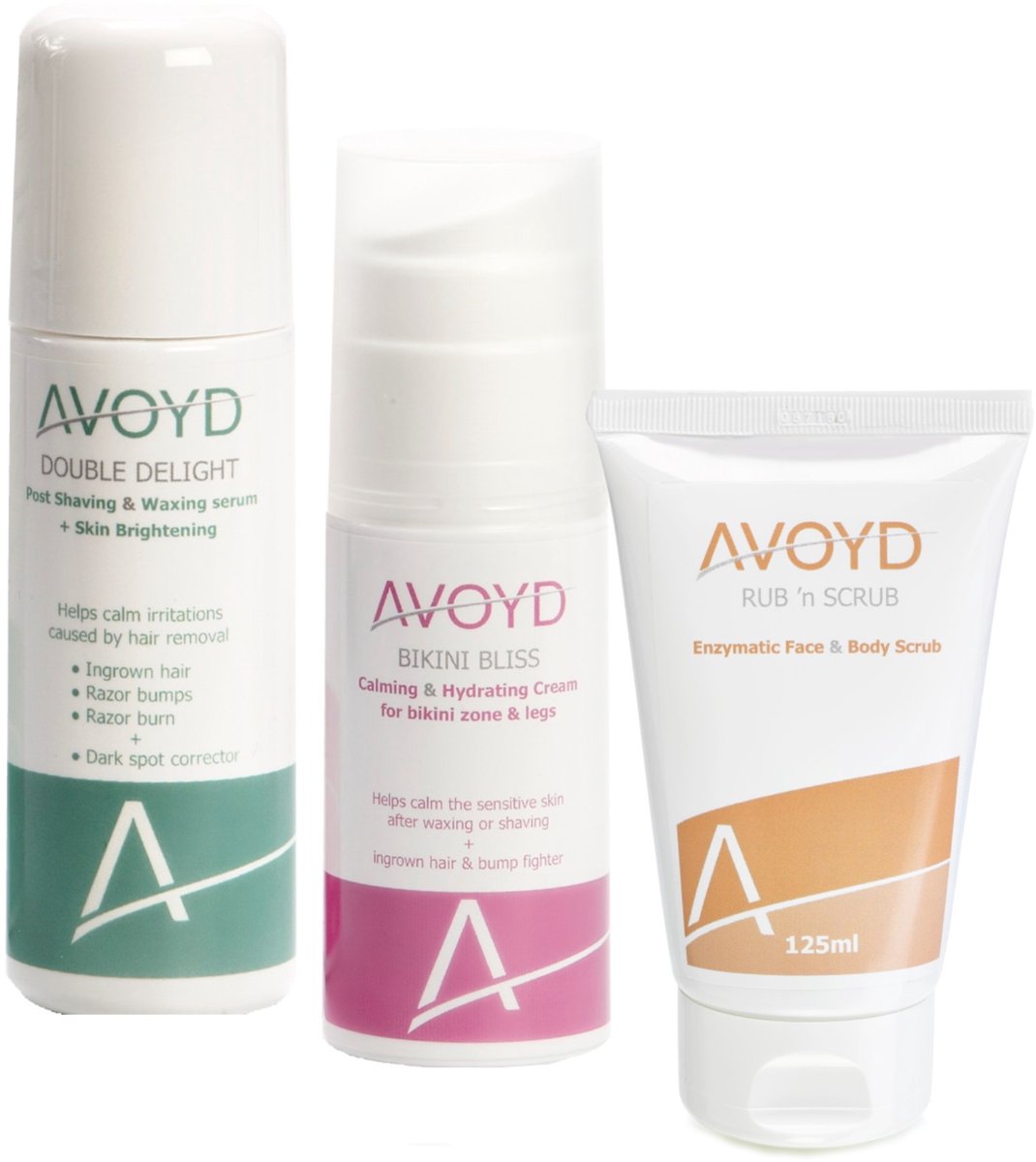 Avoyd PigmentatiePluspakket vrouw - Set van 3 producten - Avoyd Double Delight 90ml + Avoyd Bikini Bliss 50ml + Avoyd Rub 'n Scrub 125ml - Voorkomt ingegroeide haartjes, scheerirritatie, scheerbultjes & pigmentatie