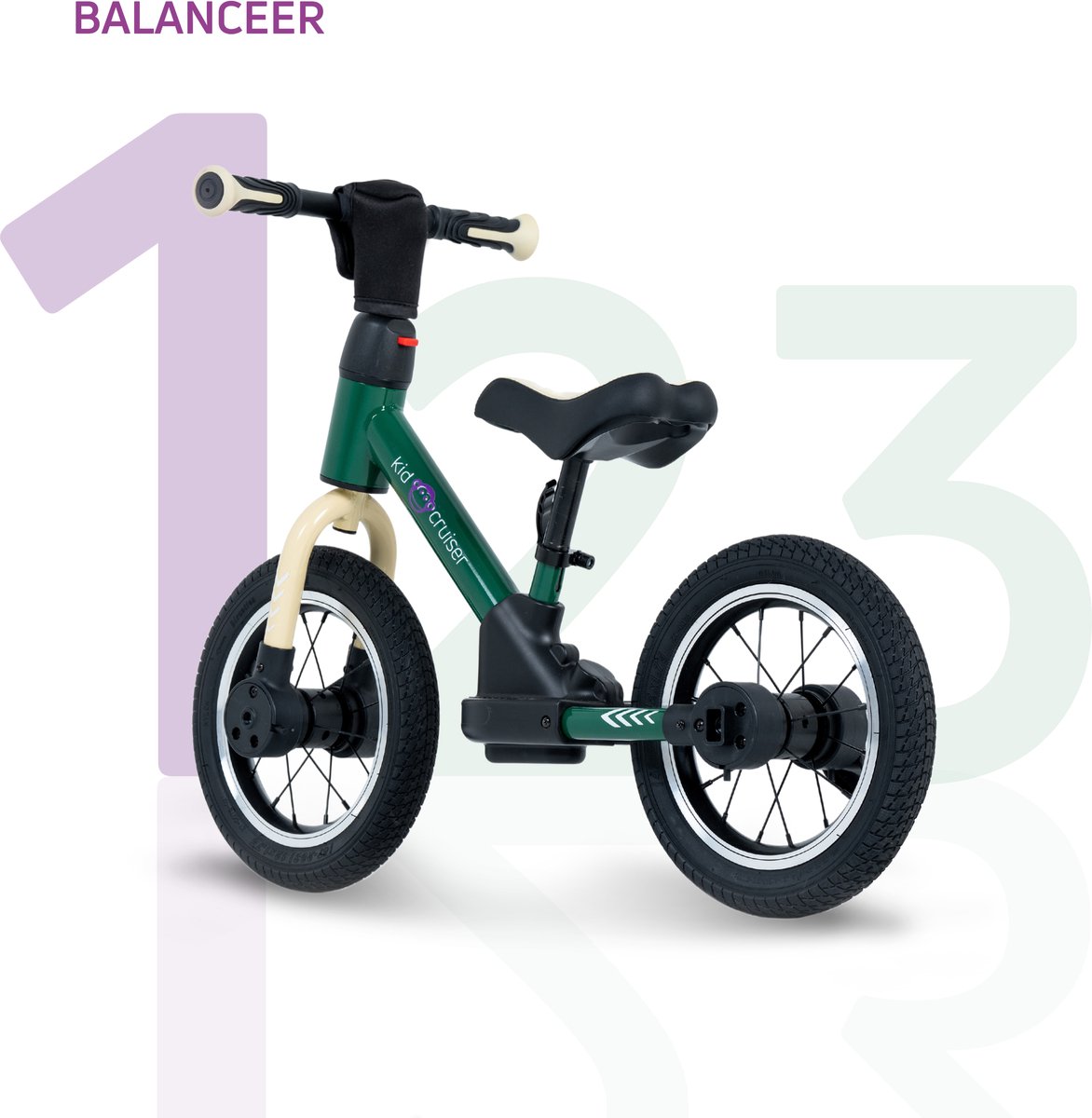 Kidcruiser Loopfiets 2+ jaar - Optioneel met LED Zijwieltjes & Trappers - 3-in-1 Kinderfiets - 12 inch – Donker Groen – Modulair Design — afbeelding 5