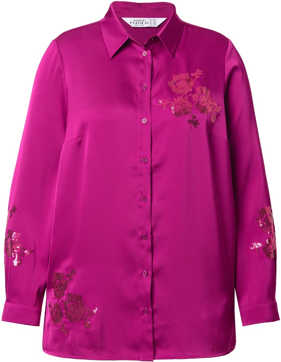 Studio Untold - Dames - Overhemdblouse wijd recht model bloemen van pailletten - Braambes - Maat 50+
