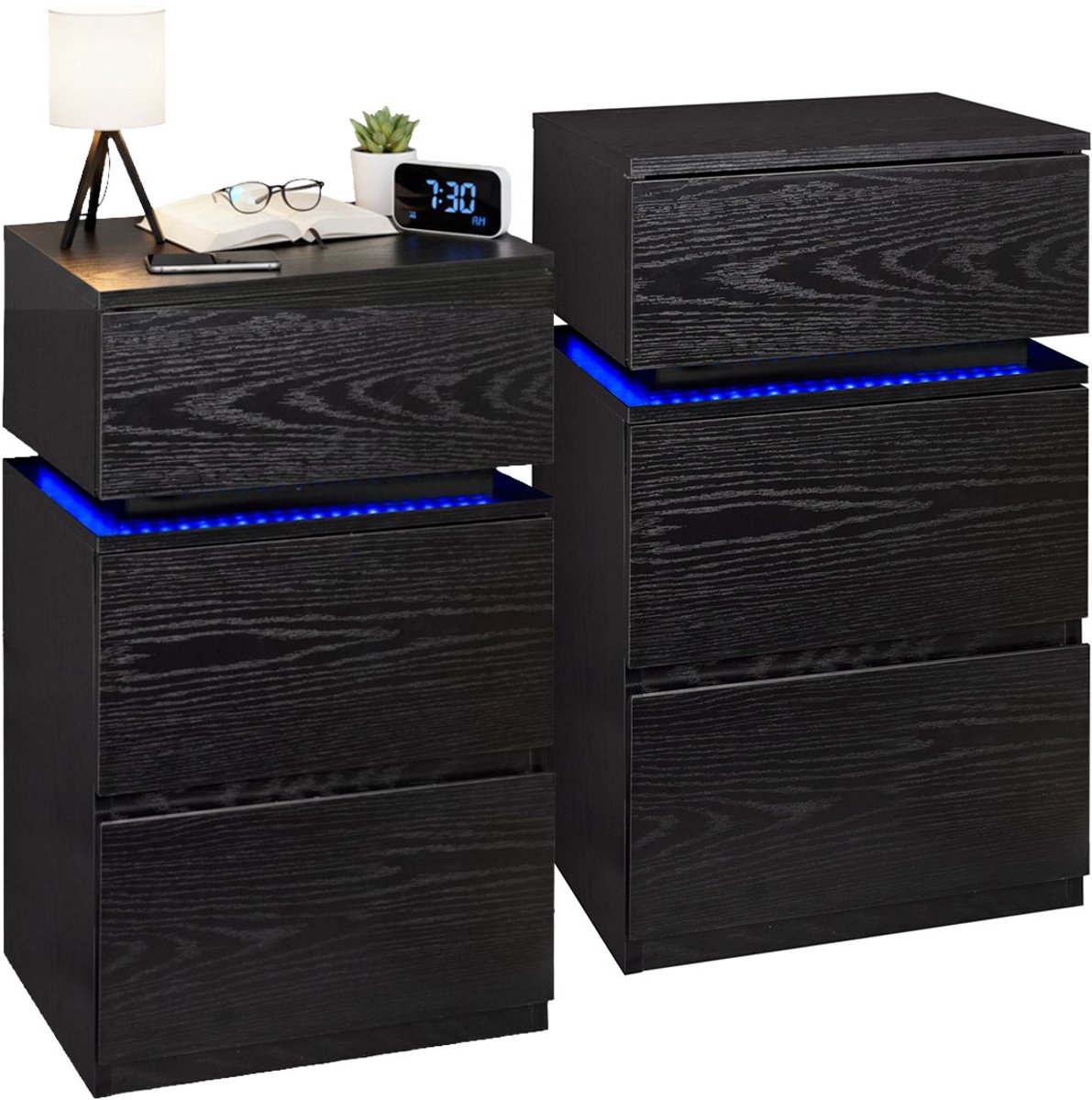Casamoda Nachtkastjes set van 2 - H55 x B40 x D35 cm - 3 Lades - Verstelbare RGB LED-Verlichting Alle Kleuren - Draagkracht 110 kg - Modern Bijzettafel - Zwart