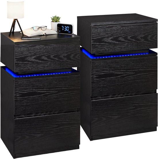 Casamoda Nachtkastjes set van 2 - H55 x B40 x D35 cm - 3 Lades - Verstelbare RGB LED-Verlichting Alle Kleuren - Draagkracht 110 kg - Modern Bijzettafel - Zwart