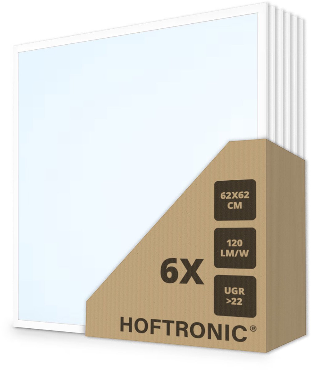HOFTRONIC 6x LED Paneel - 62 x 62 cm - 36 Watt - 4320lm (120lm/W) - 6000K daglicht wit - Flikkervrij - UGR22 - 50.000 branduren - Incl. Philips Certa Drive driver