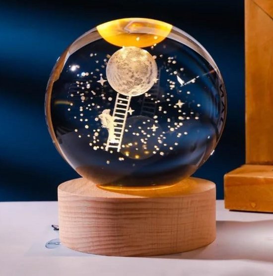 3D Kristallen Maanlamp - LED Glazen Bol Nachtlampje met Houten Voet - Dream to the Moon Decoratieve Lamp & Cadeau - 8 cm van Dream to the Moon — afbeelding 2