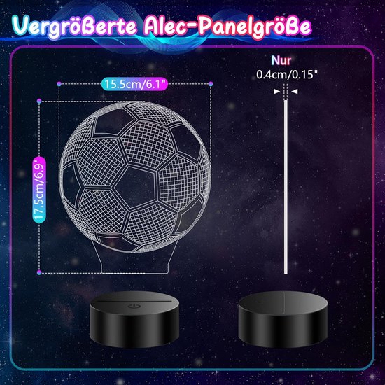 Afmetingen van een voetbalvormige 3D-lamp: 17.5cm/6.9" hoog, 15.5cm/6.1" breed.
