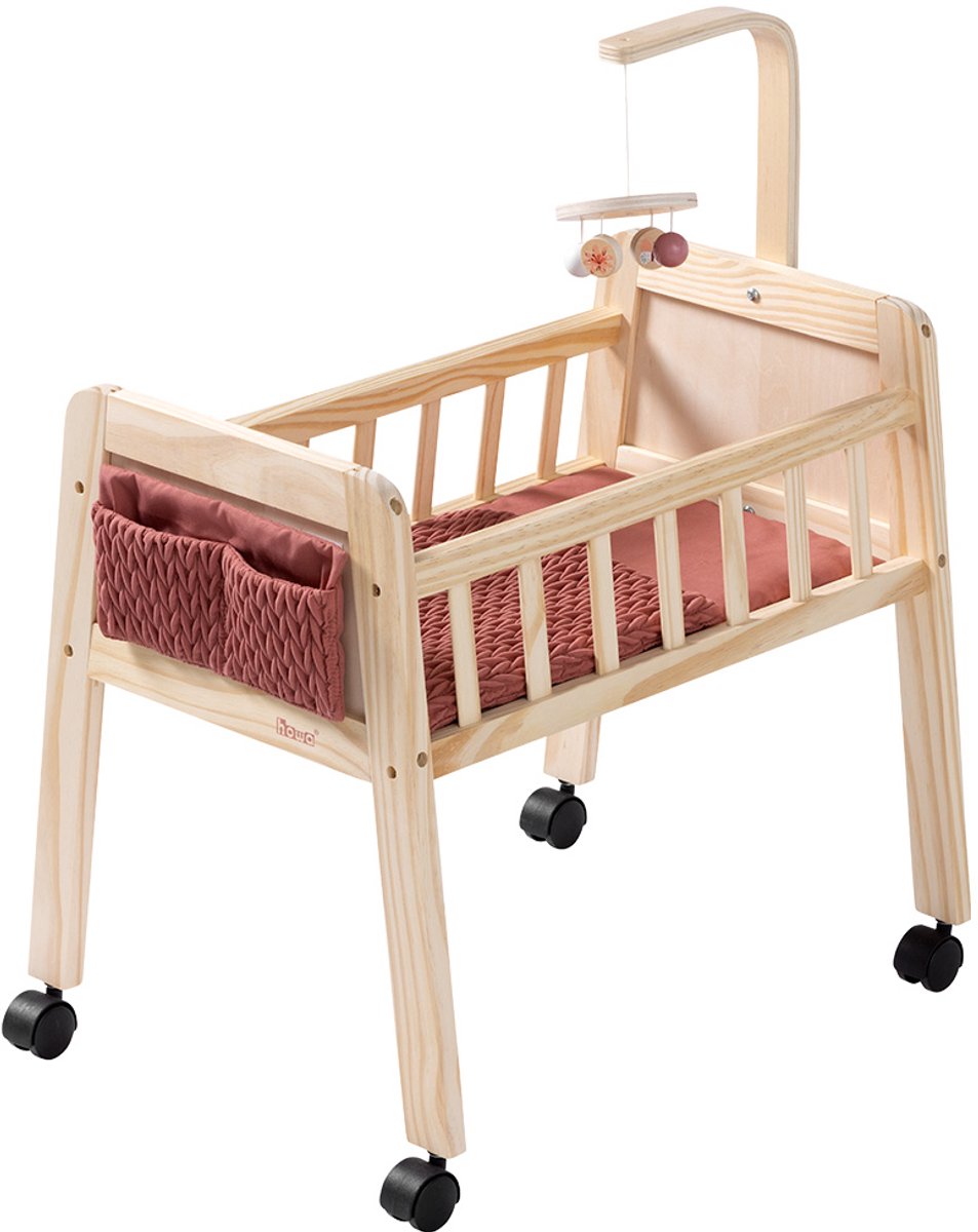 howa Poppenbed van Hout "grace" met Wielen, Mobiel, Matras, Deken en Stoffen Tas 2170
