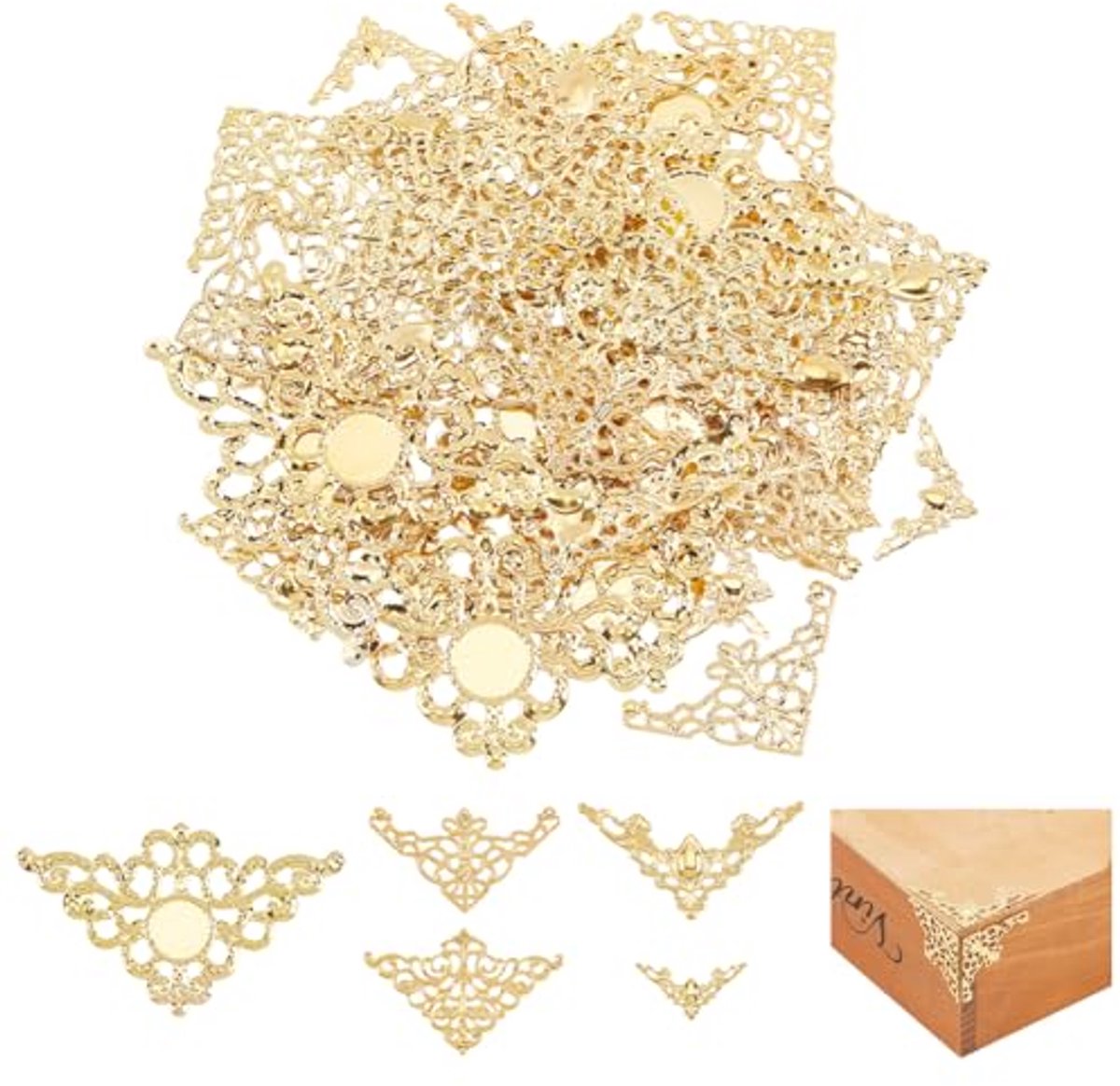 Image of 100pcs Hoekbeschermers in 5 Stijlen - Gouden Filigree Hoekdecoraties voor Boek Albums en Juwelen