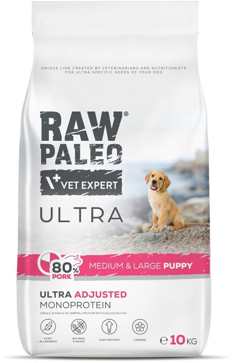 Raw Paleo Raw Paleo Ultra - Droogvoer voor Honden - Varken - Voor Medium & Large Puppy - Graanvrij - Gezonde Groei - Hoge Verteerbaarheid