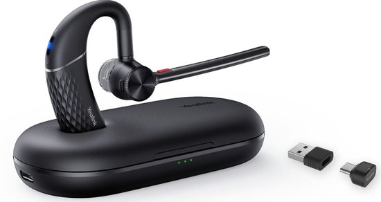 Zwarte Yealink BH71 Pro headset met oplaadcase en USB-C/A adapters.