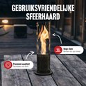 Livin sfeerhaard op tafel met hoge vlam en tekst 'Premium kwaliteit' en 'Hoge vlam'.