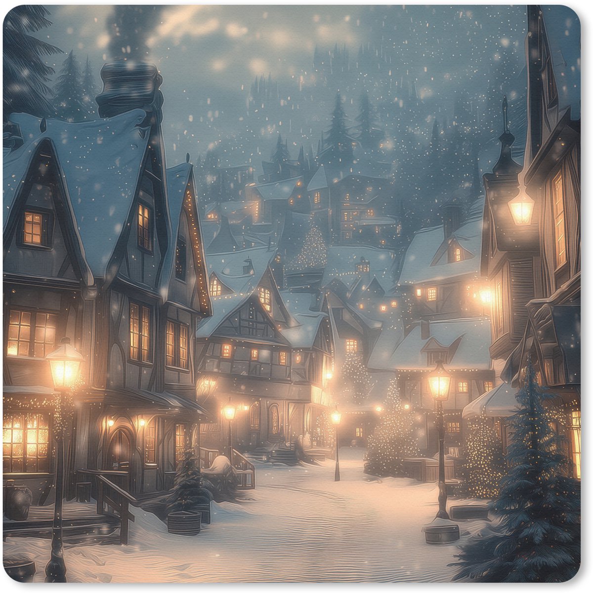 Muismat 20x20 cm - Mousepad Winterdorp - Sneeuw - Donker - Muismatten