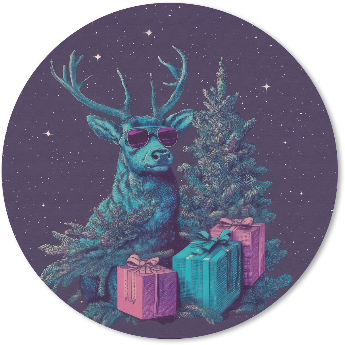 Muismat rond 20x20 cm - Mousepad Rendier - Zonnebril - Neon - Kerstboom - Ronde muismatten