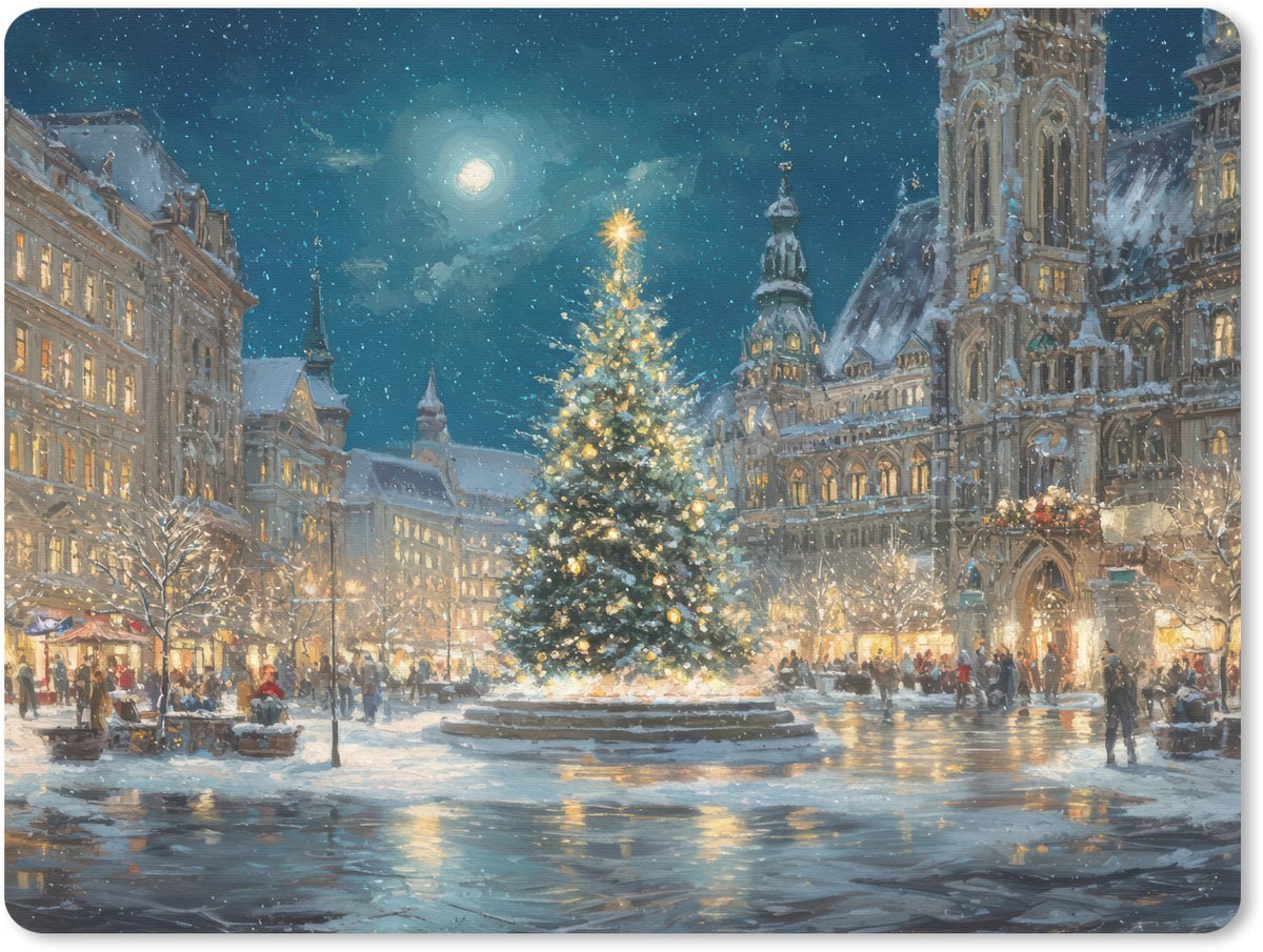 Muismat 23x19 cm - Mousepad Kerstnacht - Stadsplein - Meerkleurig - Muismatten