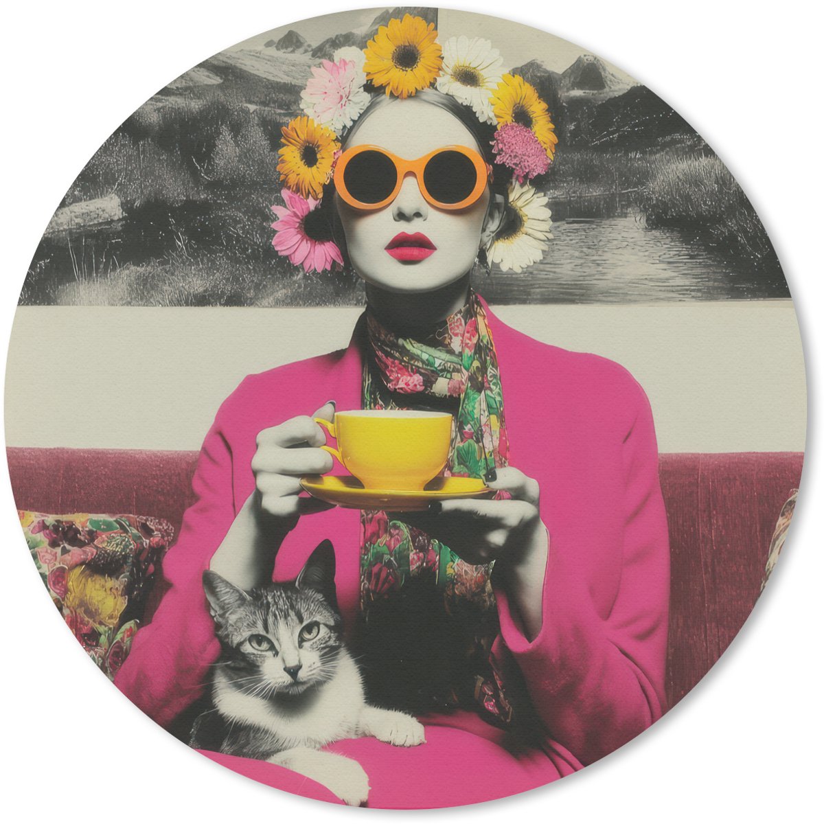 Muismat rond 30x30 cm - Mousepad Vrouw - Kat - Bloemen - Kopje - Retro - Ronde muismatten