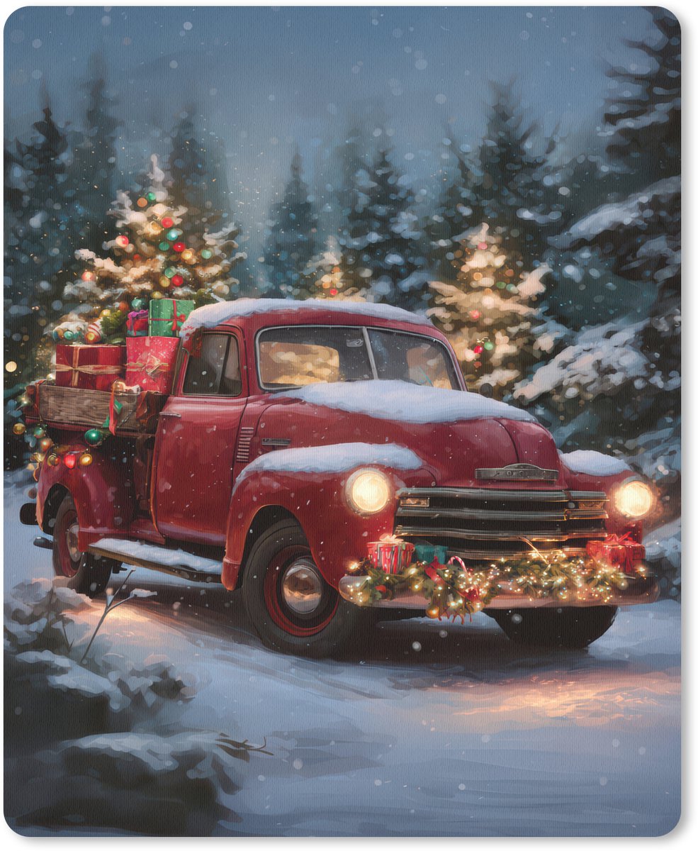 Muismat 19x23 cm - Mousepad Kersttruck - Sneeuwbos - Rood - Muismatten