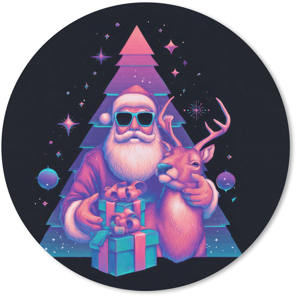Muismat rond 20x20 cm - Mousepad Retro - Kerstman - Rendieren - Kerstboom - Ronde muismatten