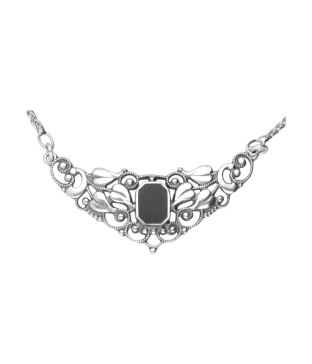 Zilveren Vrije vorm met zwarte inleg Art Nouveau Jugendstil hanger + ketting 45 cm