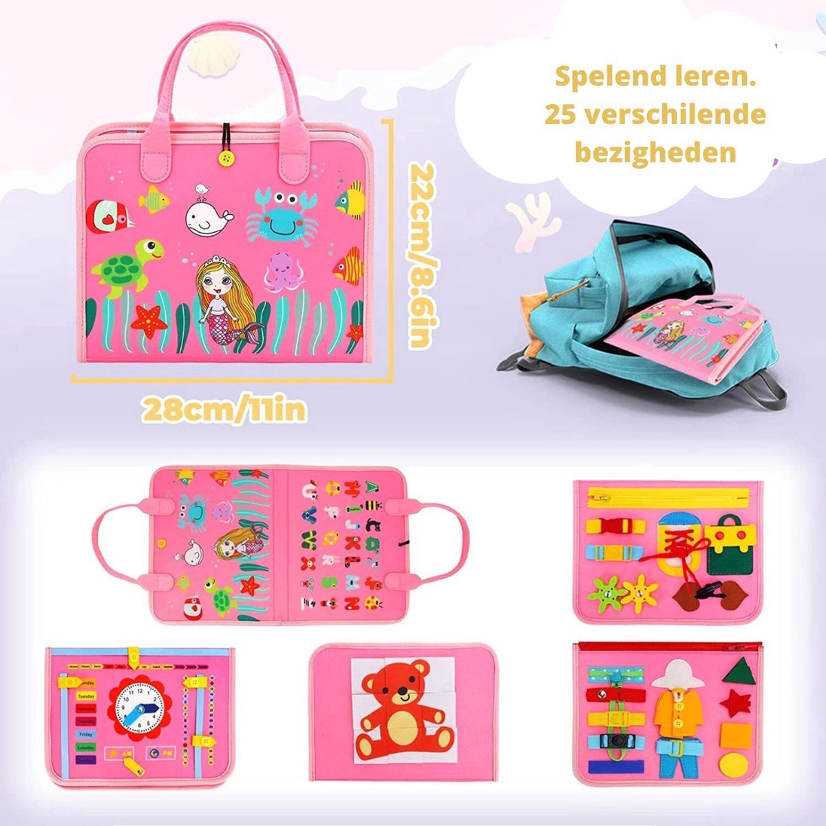 WoodyDoody Motoriek Mappen 2 Stuks Combinatie Voordeel Set Jongen en Meisje - Busy Board - Montessori Speelgoed Leren Veter Strikken - Educatieve Puzzel 3 jaar - Activiteitenbord - 26 Vaardigheden - Sensorisch Speelgoed - Educatief Spel — afbeelding 6