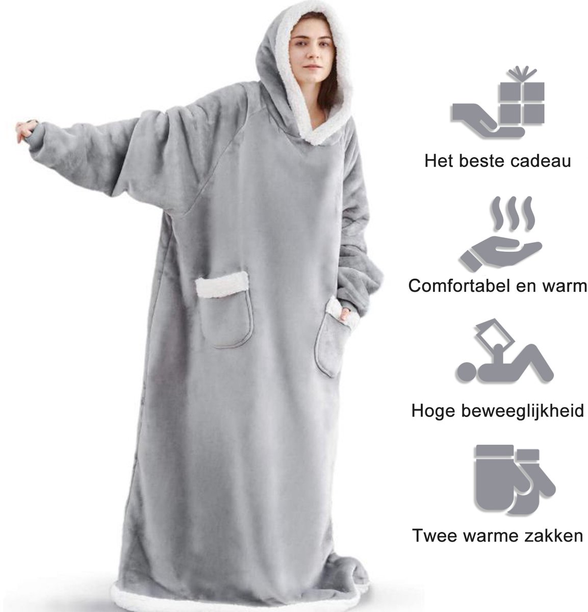 CALIYO Fleece Deken - Hoodie Deken - Blanket met Mouwen en Capuchon – Dames & Heren - Sherpa Fleece – TV Deken - Bank Deken - 200 x 150cm - Grijs — cadeau in Wonen & Interieur - foto 4